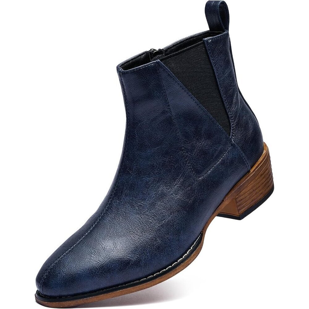 Women's Blue Ankle Boots Mid-height Heels Chelsea Zipper Dressy Booties
